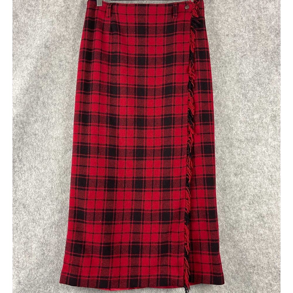 Vintage‎ Breeches Wool Blend Wrap Skirt Womens 12 Red Plaid Fringe Holiday USA